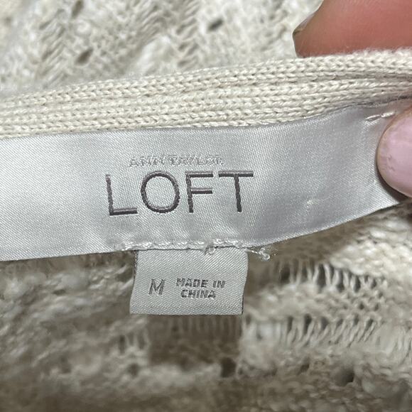 Loft Women’s Cotton Linen Beige Open Front Pointelle Cardigan Sweater Medium - Picture 4 of 8